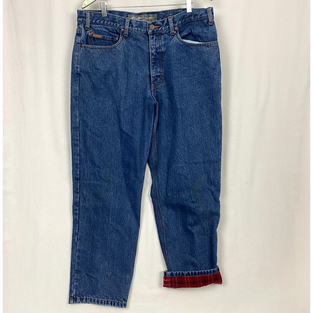 Eddie Bauer Flannel Lined Jeans Mens 38x30 Dark Wash Cotton Relaxed Straight